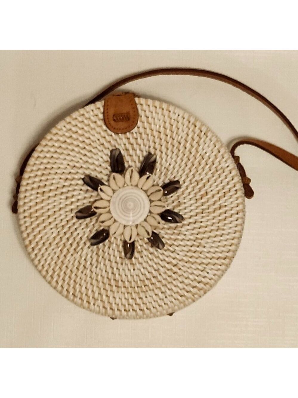 BOHO Structured Circle Straw Crossbody Bag with Seashell Patern Roundie HYACINTH